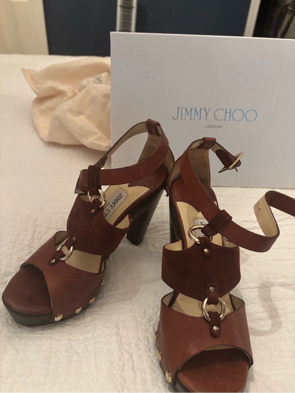 Jimmy Choo Brown Leather & Suede Gold-Accent High Heel Sandals